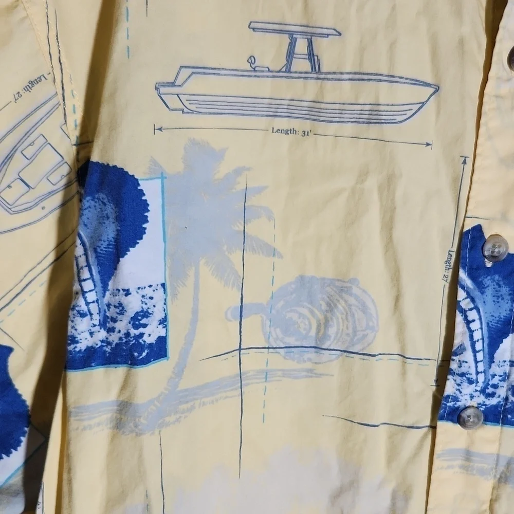 Columbia Shirt Fishing Boats Marlin Fish Pattern Size M Short Sleeve Yellow